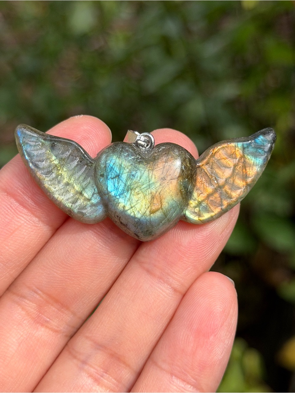 Labradorite Heart with Wings Pendant - Iridescent Blue-Gold Palo